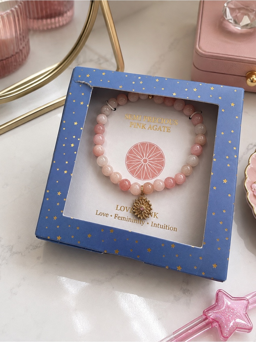 Semi-Precious Pink Agate Beaded Stretch Bracelet with Gold-Tone Charm (BR222BN)